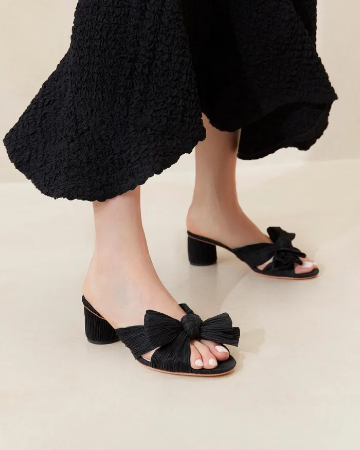 Loeffler Randall Emilia Black Pleated Bow Heel Women Heeled Sandals Loeffler Randall Emilia Black Pleated Bow Heel Women Heeled Sandals