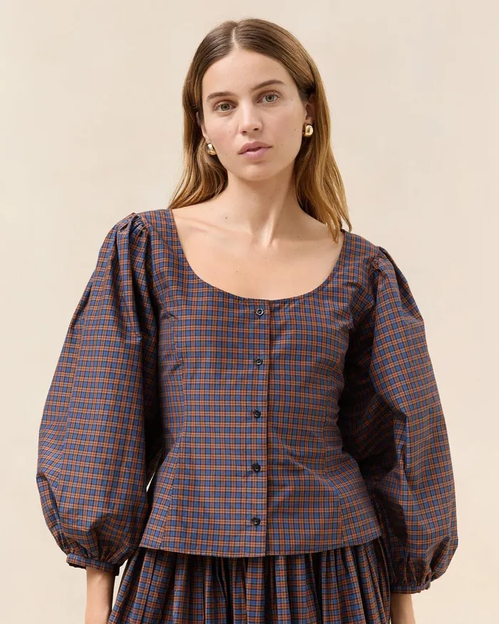Loeffler Randall Isa NavyRust Plaid Blouse Women Tops
