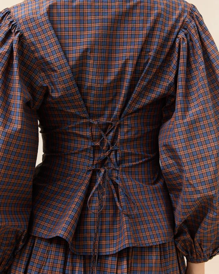 Loeffler Randall Isa NavyRust Plaid Blouse Women Tops Loeffler Randall Isa NavyRust Plaid Blouse Women Tops