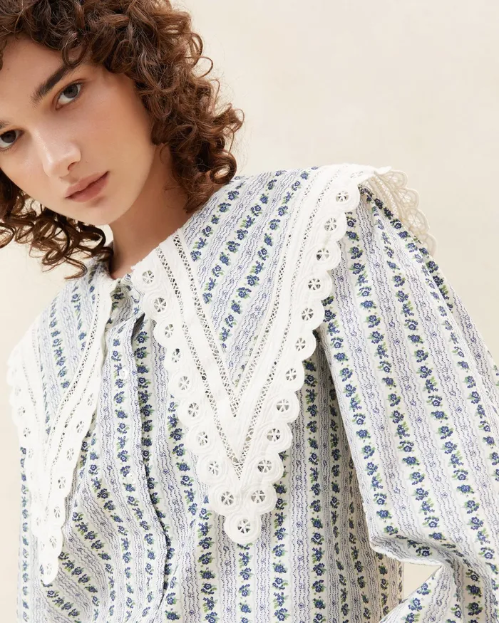 Loeffler Randall Ken Blue Floral Collared Blouse L Tops L Apparel Women Tops Loeffler Randall Ken Blue Floral Collared Blouse L Tops L Apparel Women Tops