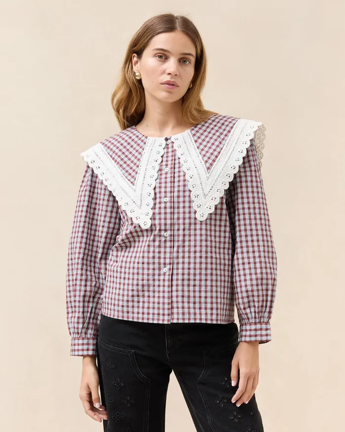 Loeffler Randall Ken BlueMaroon Collared Blouse Women Tops