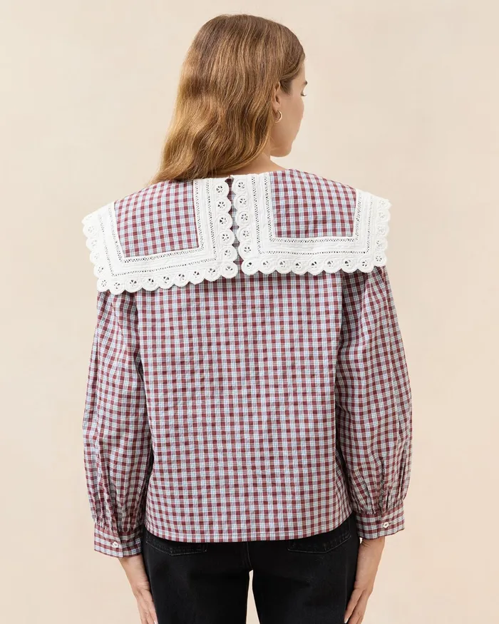Loeffler Randall Ken BlueMaroon Collared Blouse Women Tops