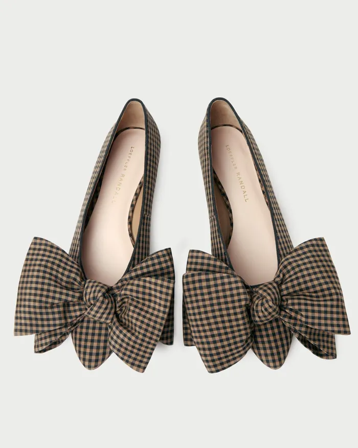 Loeffler Randall Noa BrownBlack Check Bow Flat Women Flats and Loafers