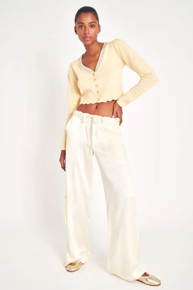 LoveShackFancy Bottoms Womens Cedric Silk Cargo Pant IVORY