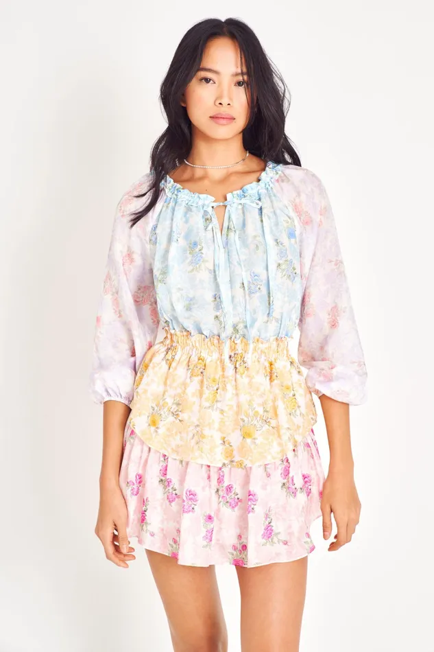 LoveShackFancy Dresses Womens Popover Silk Mini Dress RAINBOW CLOUDS