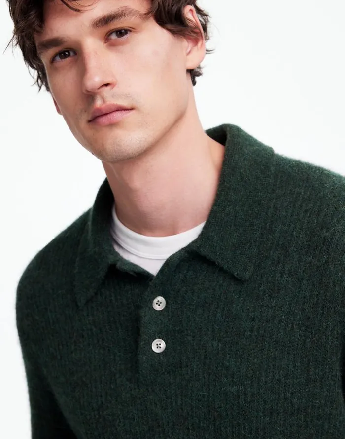 Men AlpacaBlend Sweater Polo Shirt Heather Black Pine Madewell Sweaters