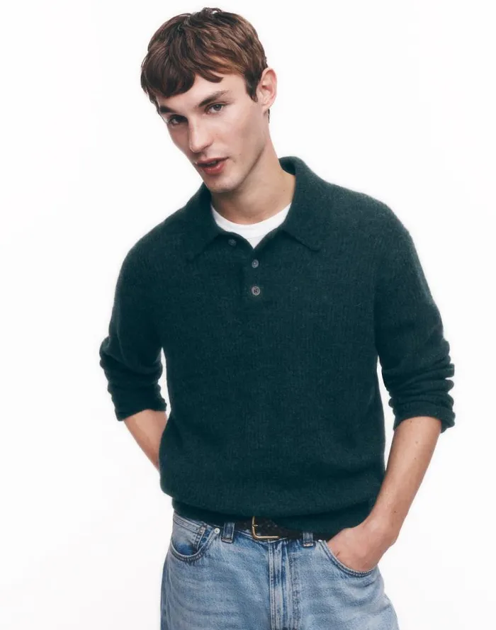 Men AlpacaBlend Sweater Polo Shirt Heather Black Pine Madewell Sweaters