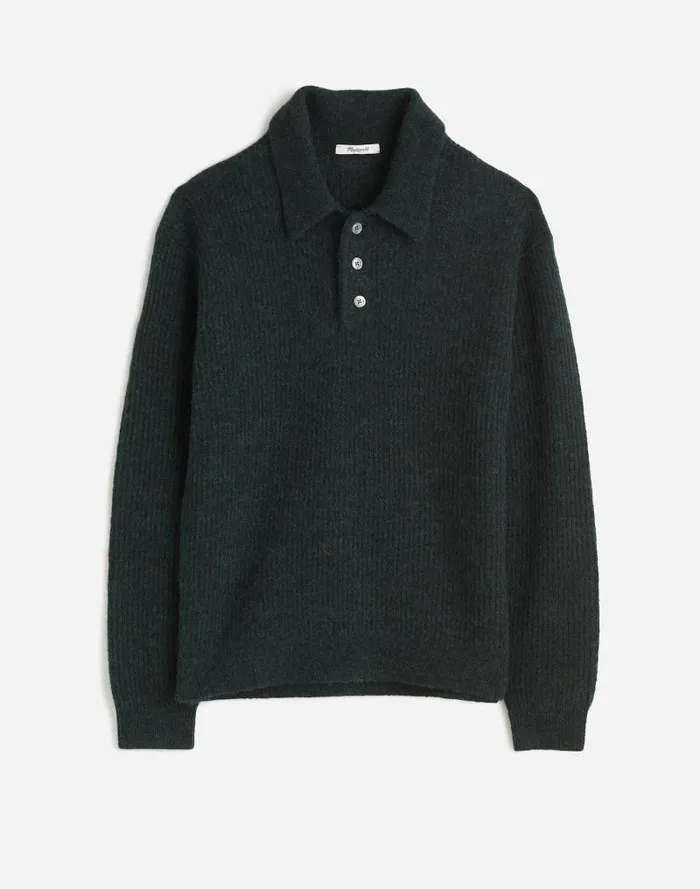 Men AlpacaBlend Sweater Polo Shirt Heather Black Pine Madewell Sweaters