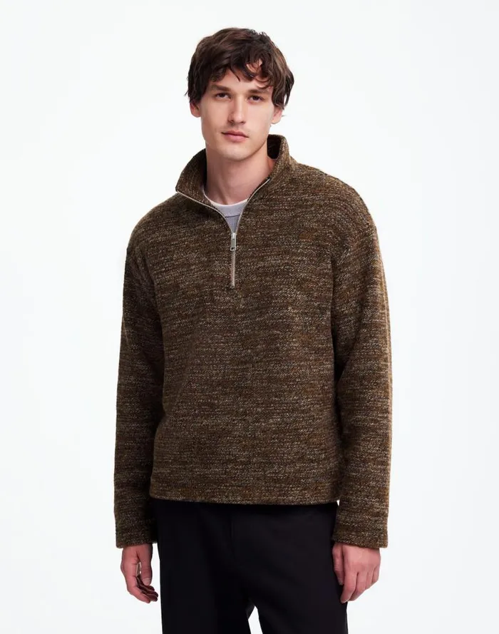 Men Boucl QuarterZip Pullover Brown Madewell Hoodies and Sweatshirts