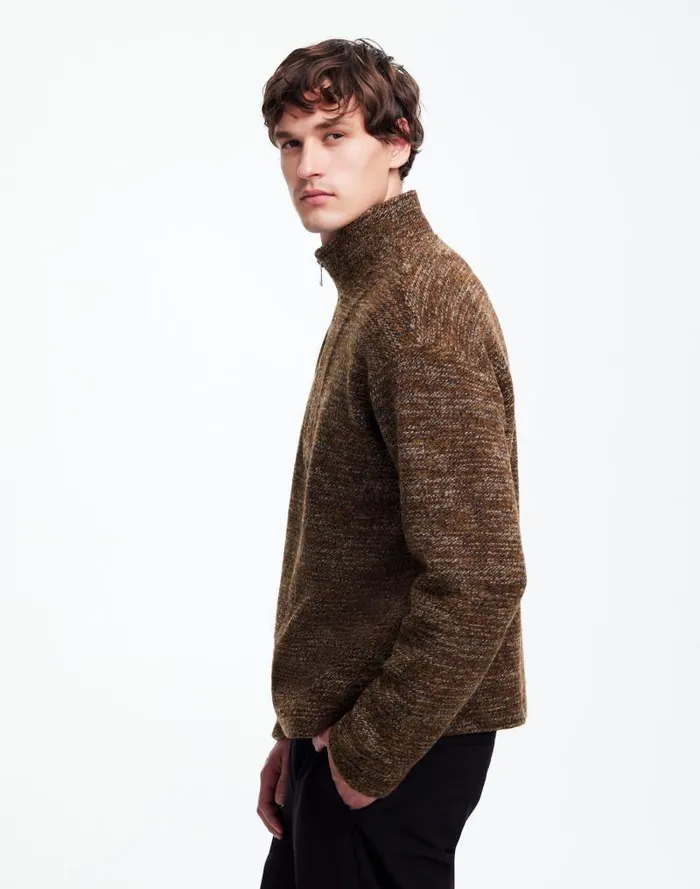 Men Boucl QuarterZip Pullover Brown Madewell Hoodies and Sweatshirts