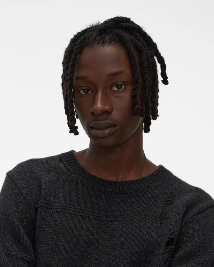 Men Distressed Sweater Charcoal Helmut Lang Sweaters