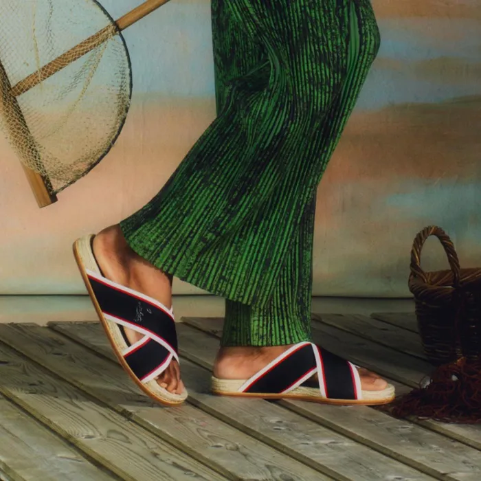 Men Hot Cross Mules 8211 Calf Leather And Fabric 8211 Navy Blue Christian Louboutin Sandals and Espadrilles