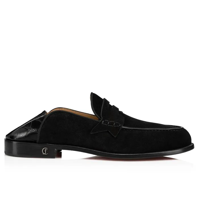Men Penny No Back Loafers 8211 Leather And Alligator Embossed Calf Leather 8211 Black Black Christian Louboutin Loafers and Slipons