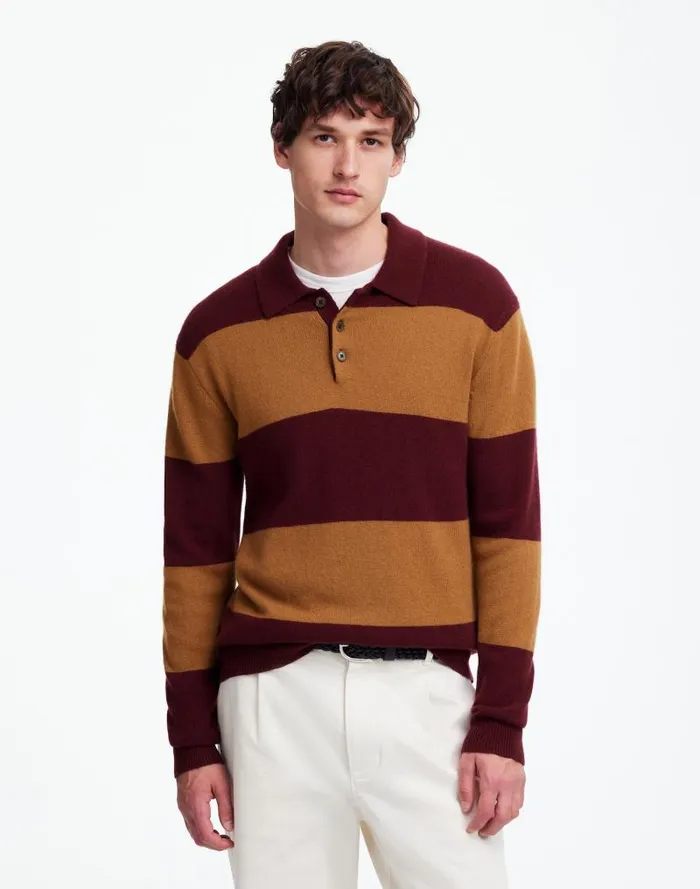 Men RugbyStripe Sweater Polo Shirt In SoftWool Heather Berry Madewell Shirts