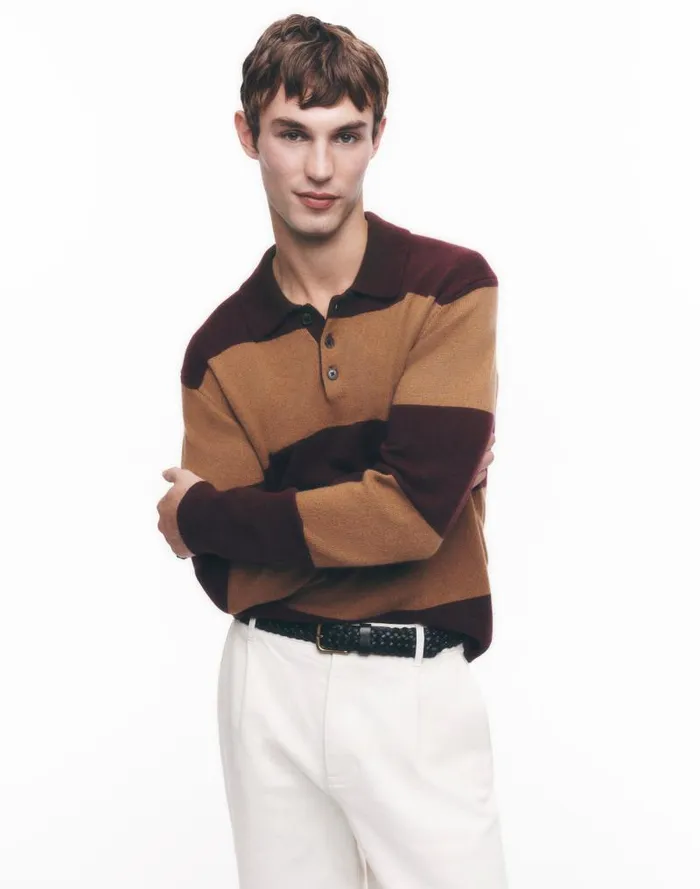 Men RugbyStripe Sweater Polo Shirt In SoftWool Heather Berry Madewell Shirts