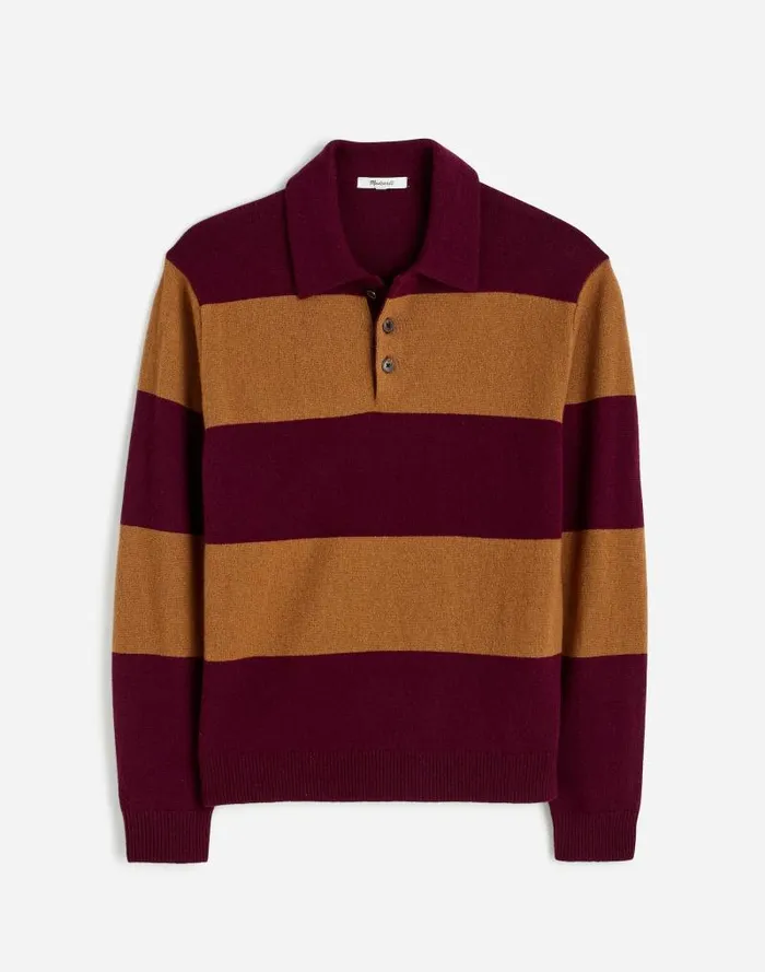 Men RugbyStripe Sweater Polo Shirt In SoftWool Heather Berry Madewell Shirts