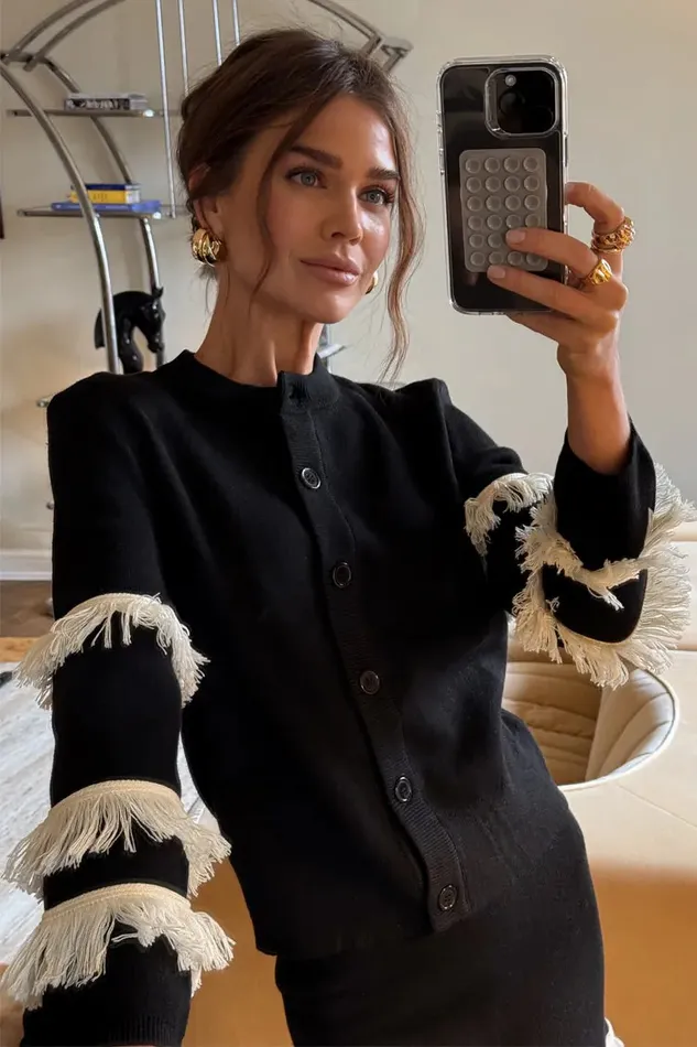 Never Fully Dressed Knitwear Black And Cream Fringe Holly Cardigan 8211 Women