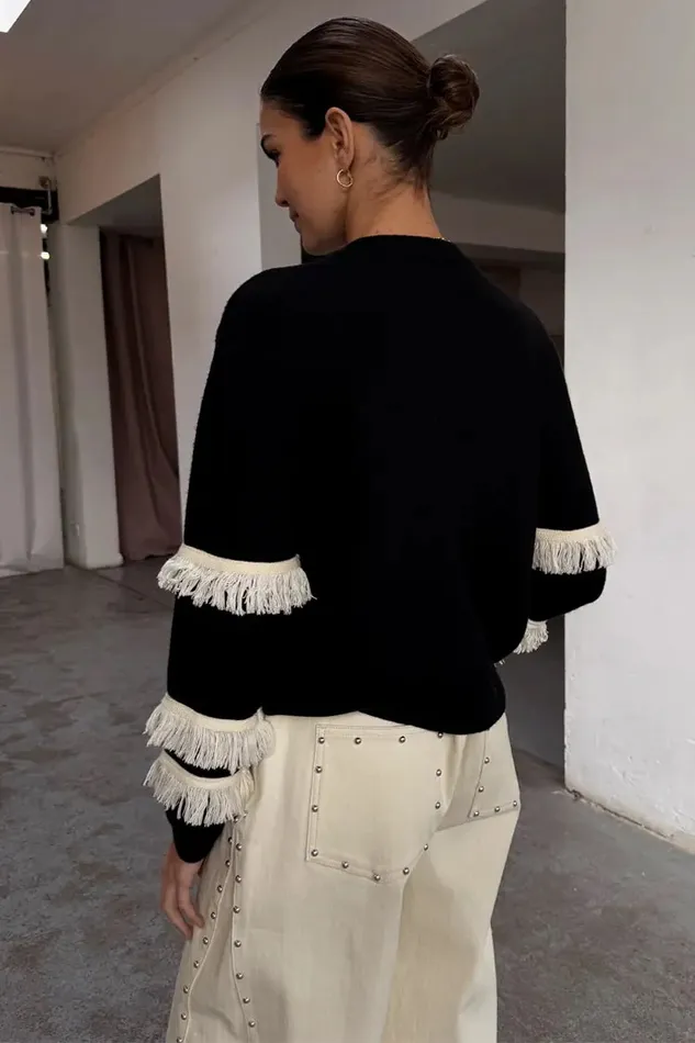 Never Fully Dressed Knitwear Black And Cream Fringe Holly Cardigan 8211 Women