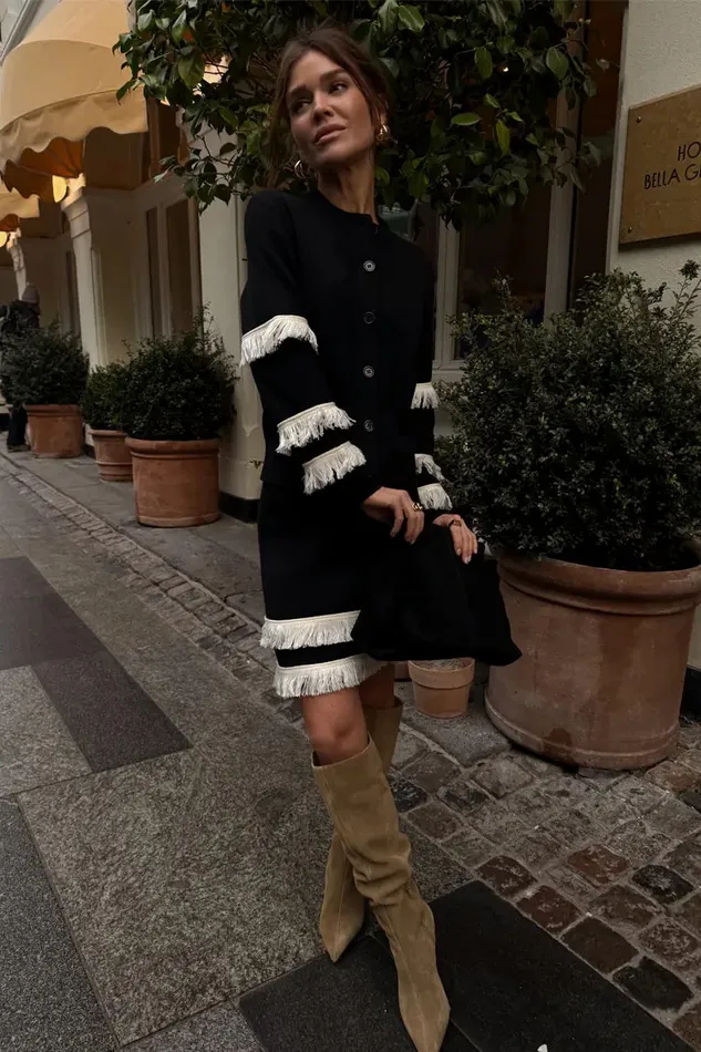 Never Fully Dressed Knitwear Black And Cream Fringe Holly Cardigan 8211 Women