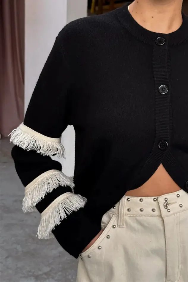 Never Fully Dressed Knitwear Black And Cream Fringe Holly Cardigan 8211 Women