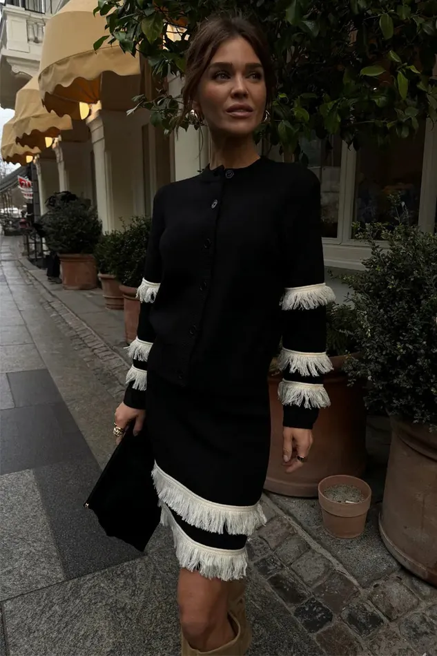 Never Fully Dressed Knitwear Black And Cream Fringe Holly Cardigan 8211 Women