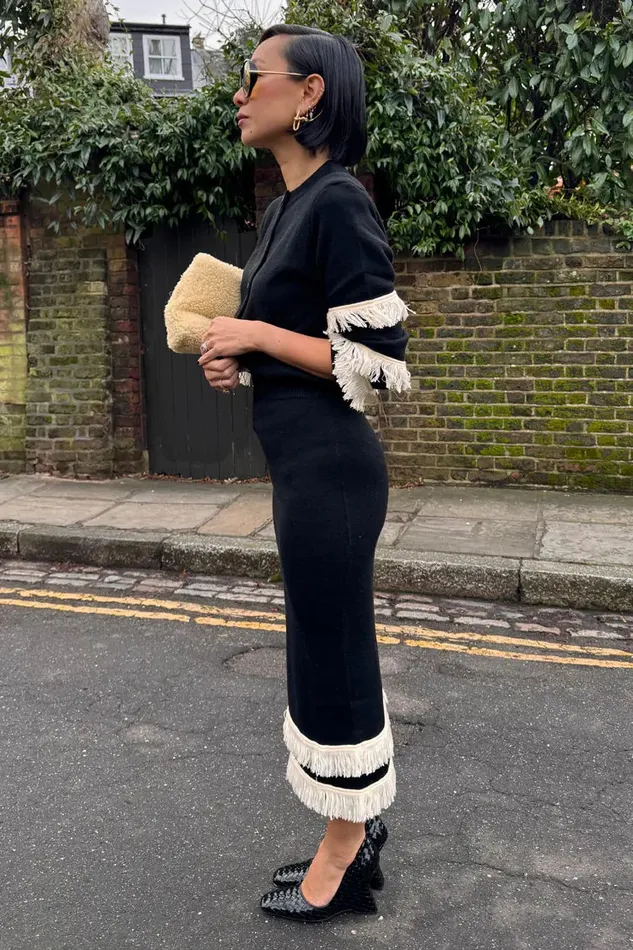 Never Fully Dressed Knitwear Black And Cream Fringe Straight Knit Skirt 8211 Women