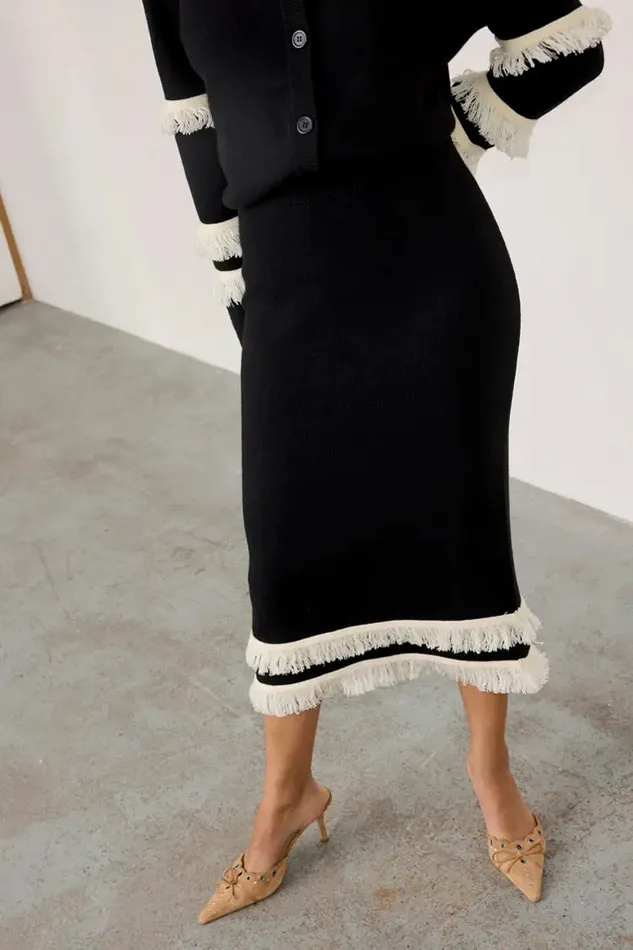 Never Fully Dressed Knitwear Black And Cream Fringe Straight Knit Skirt 8211 Women