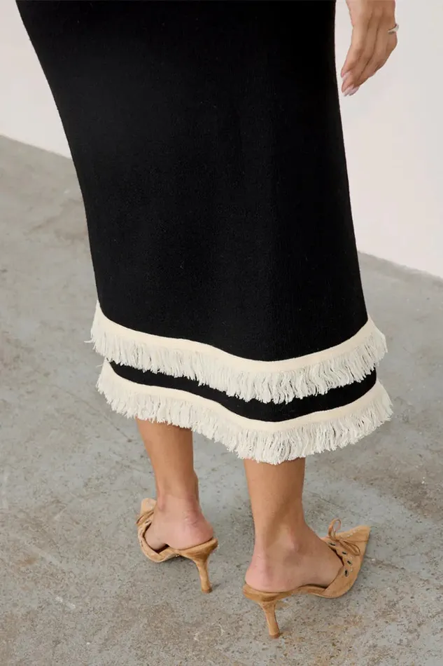 Never Fully Dressed Knitwear Black And Cream Fringe Straight Knit Skirt 8211 Women