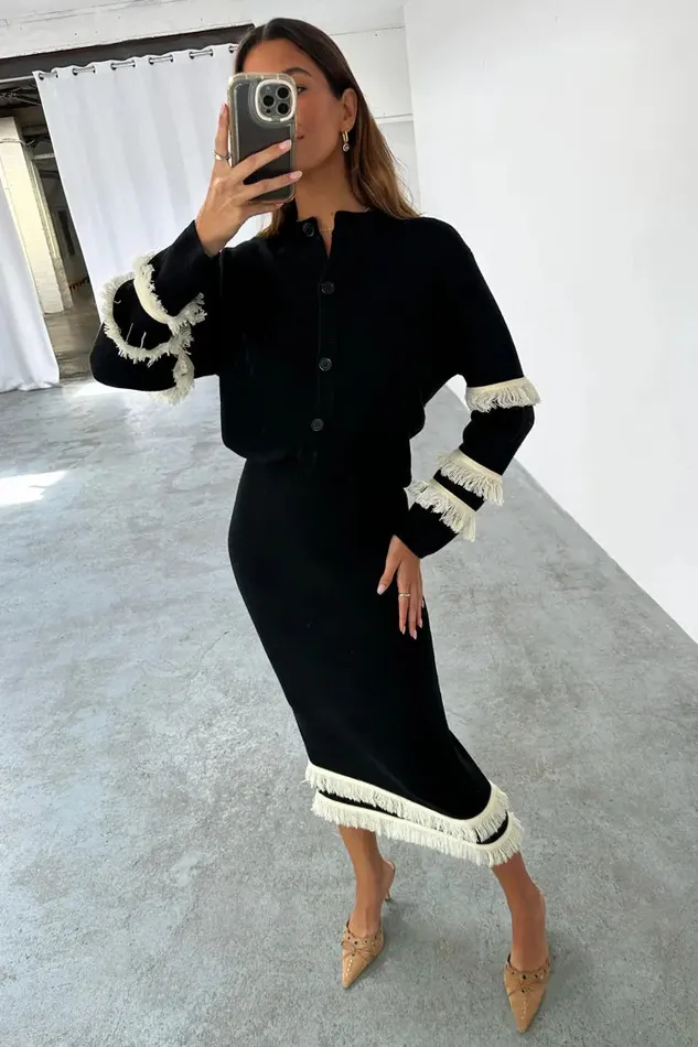 Never Fully Dressed Knitwear Black And Cream Fringe Straight Knit Skirt 8211 Women