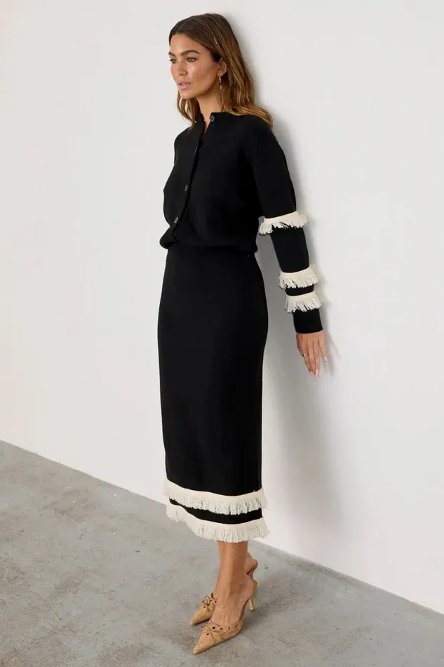 Never Fully Dressed Knitwear Black And Cream Fringe Straight Knit Skirt 8211 Women