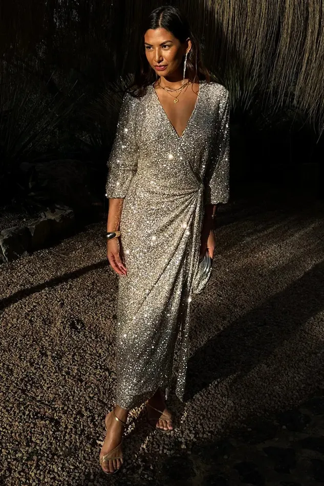 Never Fully Dressed Sequins Silver Sequin Kira Wrap Dress Petite 8211 Women
