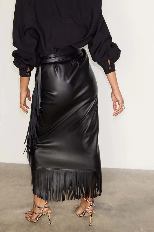 Never Fully Dressed Skirts Black Vegan Leather Fringe Midi Jaspre Skirt 8211 Women