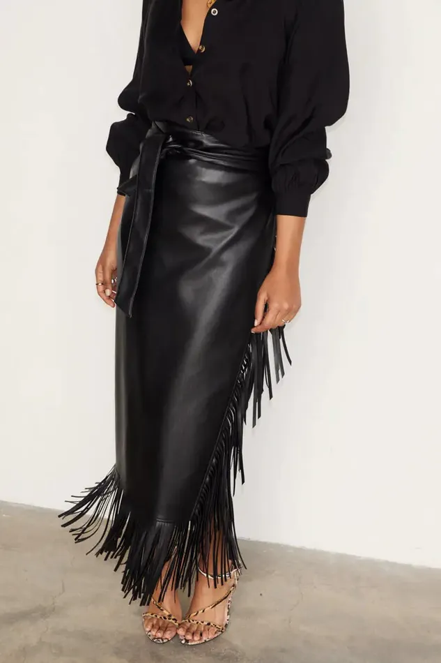 Never Fully Dressed Skirts Black Vegan Leather Fringe Midi Jaspre Skirt 8211 Women
