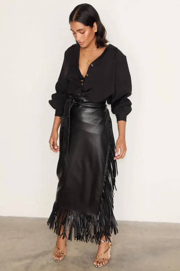 Never Fully Dressed Skirts Black Vegan Leather Fringe Midi Jaspre Skirt 8211 Women