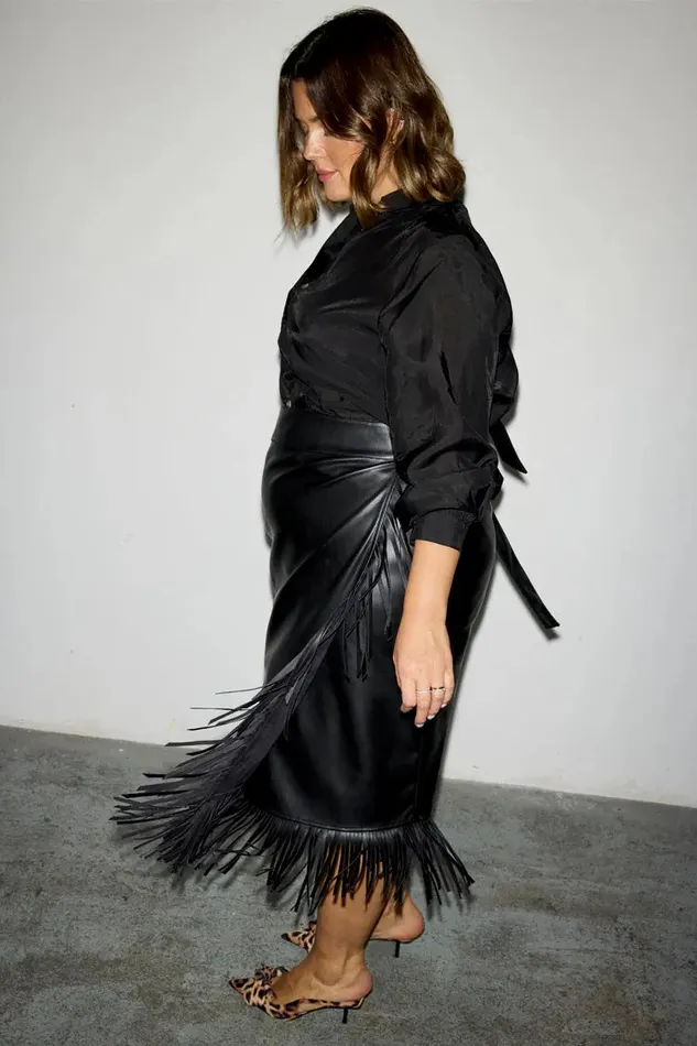 Never Fully Dressed Skirts Black Vegan Leather Fringe Midi Jaspre Skirt 8211 Women