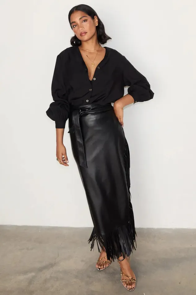 Never Fully Dressed Skirts Black Vegan Leather Fringe Midi Jaspre Skirt 8211 Women