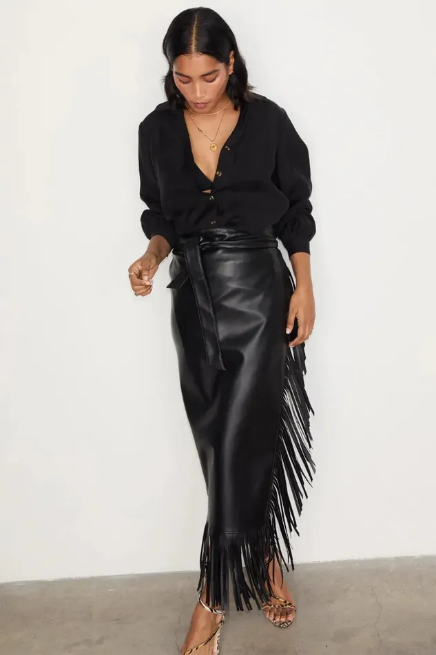 Never Fully Dressed Skirts Black Vegan Leather Fringe Midi Jaspre Skirt 8211 Women