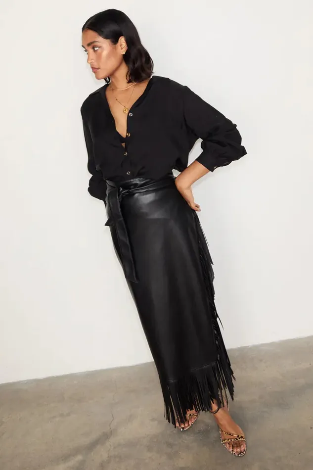 Never Fully Dressed Skirts Black Vegan Leather Fringe Midi Jaspre Skirt 8211 Women