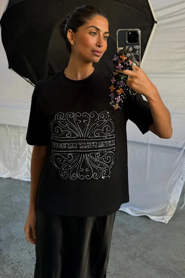 Never Fully Dressed Tops and TShirts Black Beaded Logo Tshirt 8211 Women