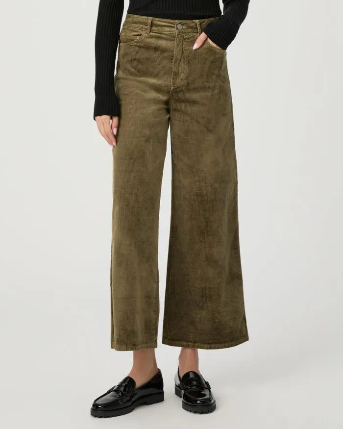 Pants Women PAIGE Harper Ankle Wide Leg Pant 8211 Dark Brushed Olive Corduroy
