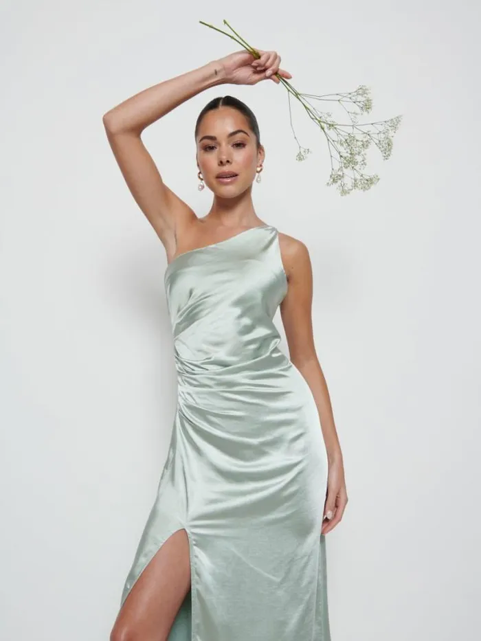 Pretty Lavish Bridesmaid Dresses Women Amelia Ruched Maxi Bridesmaid Dress Sage