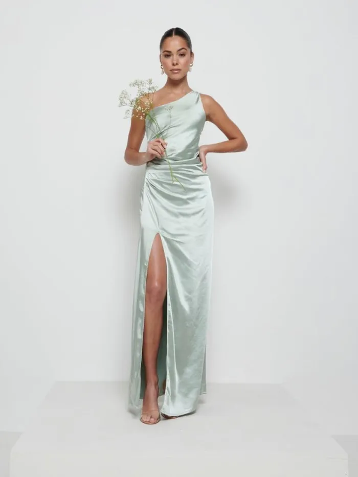 Pretty Lavish Bridesmaid Dresses Women Amelia Ruched Maxi Bridesmaid Dress Sage