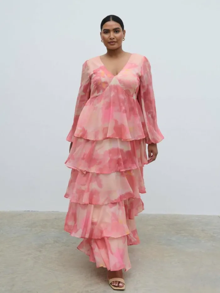 Pretty Lavish Curve Women Ashton Ruffle Maxi Dress Curve Dusky Rose Watercolour Pretty Lavish Curve Women Ashton Ruffle Maxi Dress Curve Dusky Rose Watercolour