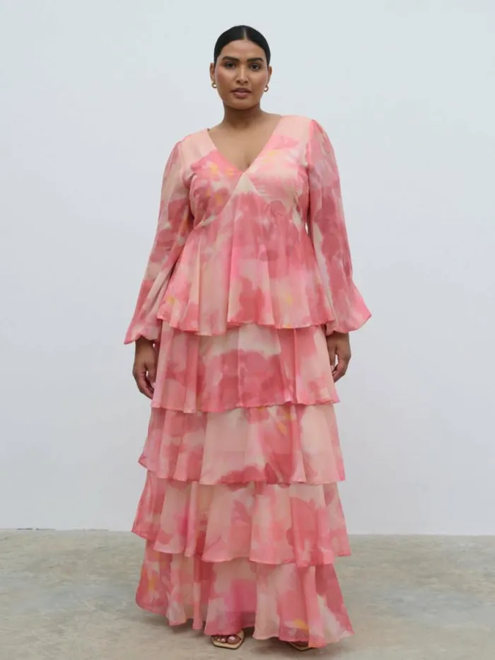 Pretty Lavish Curve Women Ashton Ruffle Maxi Dress Curve Dusky Rose Watercolour