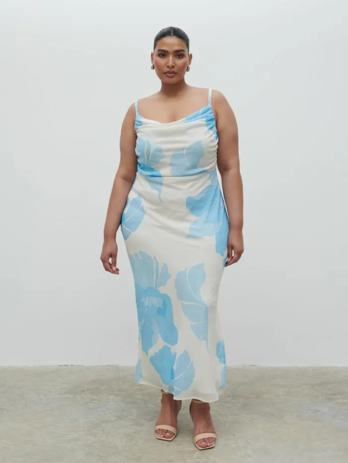 Pretty Lavish Curve Women Keisha Ruched Midaxi Dress Curve Blue And Cream Floral