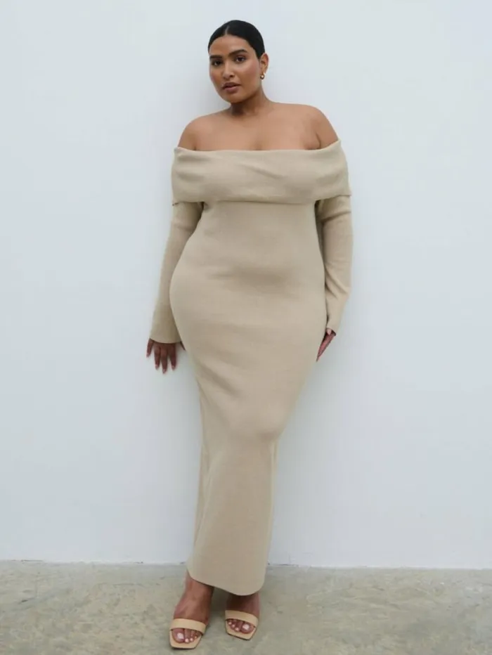 Pretty Lavish Curve Women Soreya Bardot Knit Dress Beige