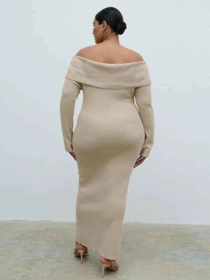 Pretty Lavish Curve Women Soreya Bardot Knit Dress Beige