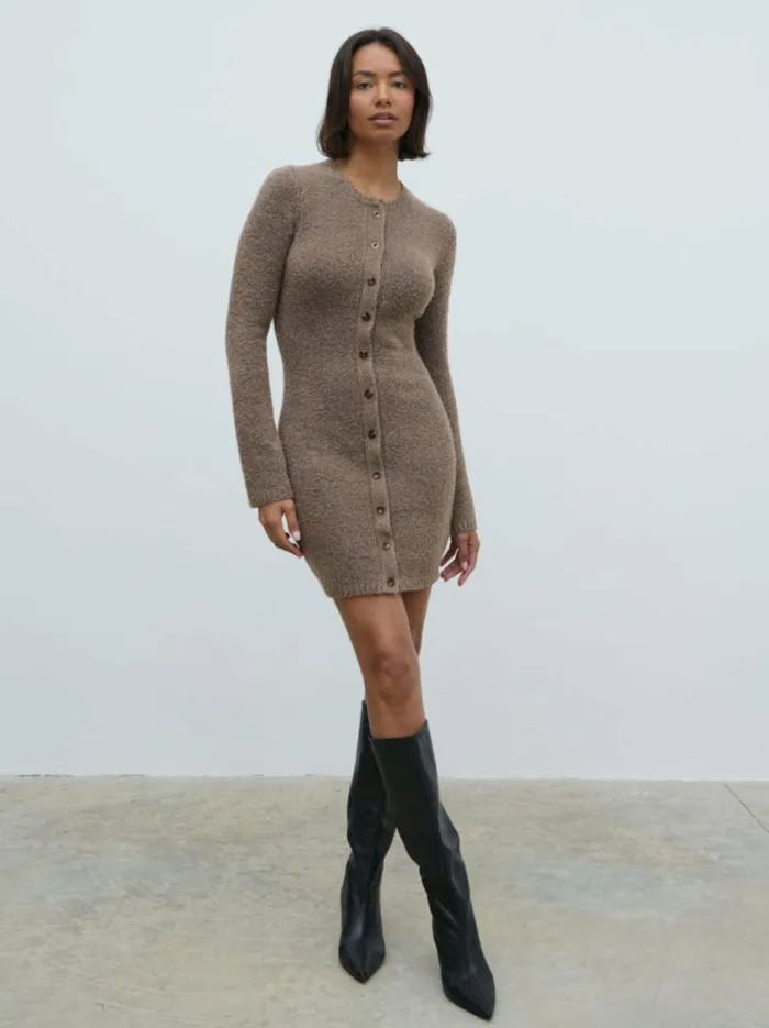 Pretty Lavish Dresses Women Aida Mini Button Down Knit Dress Mocha