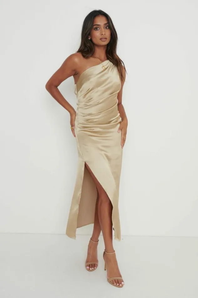 Pretty Lavish Dresses Women Amelia One Shoulder Ruched Satin Dress Gold
