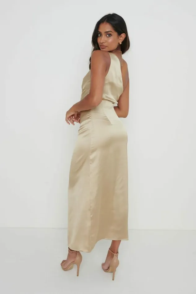 Pretty Lavish Dresses Women Amelia One Shoulder Ruched Satin Dress Gold